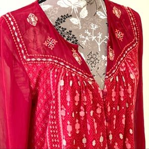 LUCKY BRAND Top Red Embroidered long sleeve